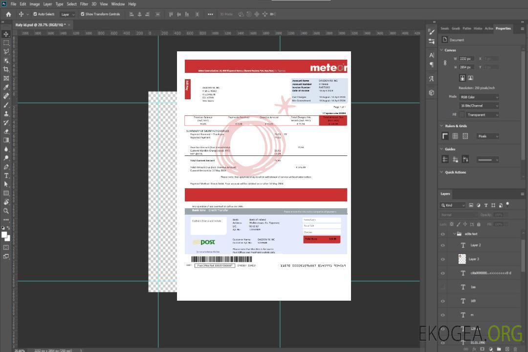 Modèle de facture de services publics d'entreprise Ireland Meteor entièrement modifiable aux formats PSD template